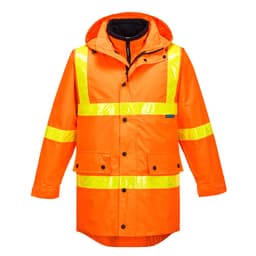 A bright orange Hi-Vis 4in1 jacket with reflective yellow stripes and a hood, featuring branding.