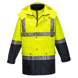 A bright yellow and black antistatic work jacket featuring reflective strips and a hood. It has a logo on the front.