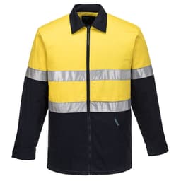 A quilt padded cotton jacket featuring yellow and black colours with reflective stripes, designed with a front zip and pockets.