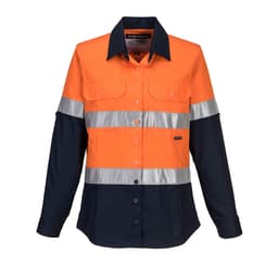 A long-sleeve button-up shirt in orange and navy blue with reflective stripes and a logo.