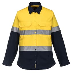 A long-sleeve button-up shirt in yellow and navy, featuring reflective stripes and two chest pockets.