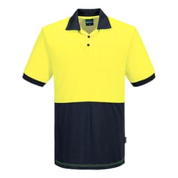A short-sleeved polo shirt featuring high visibility yellow with a navy blue contrast at the bottom and collar.