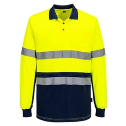 A long-sleeve polo shirt in high-visibility yellow with navy contrast and reflective stripes, featuring a logo.