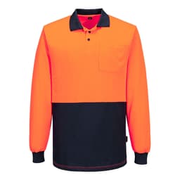 A long-sleeved polo shirt featuring high-visibility orange and navy colours, with a pocket on the front and a logo.