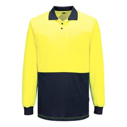 A long-sleeve polo shirt featuring a bright yellow upper and a navy blue lower section, with a pocket and branding.