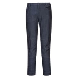 Denim slim fit work pants in dark blue with a classic five-pocket design and a belt loop. Features a logo.