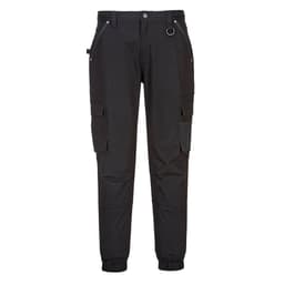 Cuffed slim fit work pants in black with side pockets and elastic cuffs. Features a logo on the waistband.