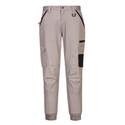 Cuffed slim fit work pants in light beige with black detailing and multiple pockets, featuring a branding logo.