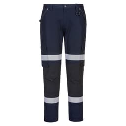 Slim fit stretch pants in navy and black with reflective striped details. Features multiple pockets and a logo.