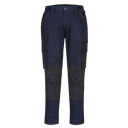 Navy blue pants with grey accents, featuring multiple pockets and a fitted design, displayed against a plain background.
