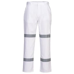A pair of white cotton drill work pants with grey reflective stripes and a side pocket. The pants have a logo.