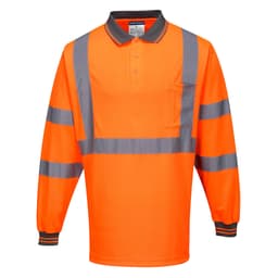 An orange long-sleeve polo shirt with reflective grey stripes and a pocket, featuring a branded logo.