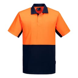 A short-sleeved polo shirt featuring a high-visibility orange upper section and a navy blue lower section, with a branding logo.