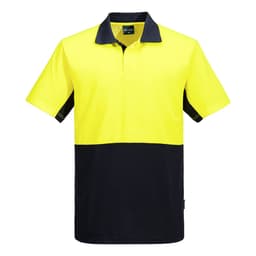 A Hi-Vis polo shirt featuring a bright yellow front and navy blue side panels, with a collar and branding.