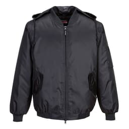A black bomber jacket featuring a zip front, two side pockets, and a logo on the sleeve.