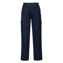 Navy flame retardant cargo pants with multiple side pockets and a logo on the front.