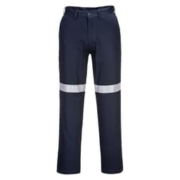 Navy work pants featuring reflective strips, designed for durability and visibility, complete with a logo.