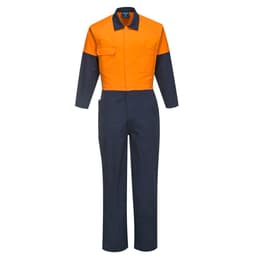 A Cotton Coverall Class D in orange and navy, featuring a zip-up design with pockets and long sleeves.