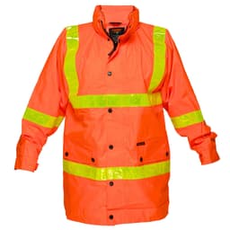 A high-visibility orange jacket with reflective stripes and a logo. It features a front zipper and a collar.