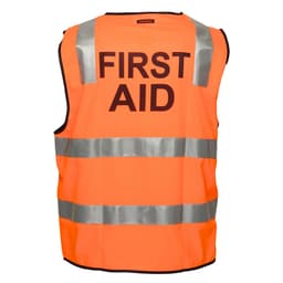 An orange safety vest with reflective stripes, featuring the words "FIRST AID" on the back and a logo.