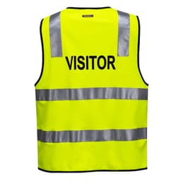 A fluorescent yellow work vest featuring reflective strips and a logo, labelled for visitors.