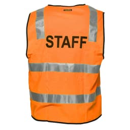 An orange work vest featuring reflective stripes and a logo, with "STAFF" printed on the back.