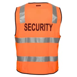 An orange security vest featuring reflective strips and a logo on the back.