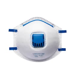 A white FFP2 mask with a blue valved system and blue straps, designed for health and personal use.