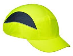 A bright yellow bump cap with a blue mesh side panel, designed for safety wear. It features a curved visor and a logo.