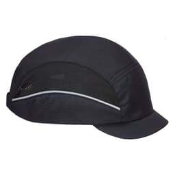 A black bump cap with a micro peak and mesh panels for ventilation, featuring a logo.