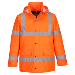A bright orange Hi-Vis traffic jacket with reflective silver stripes, featuring a hood and front pockets.