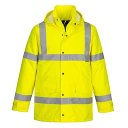 A bright yellow traffic jacket with reflective silver stripes and a hood, featuring two front pockets and a logo.