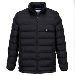 A black, puffy jacket with a zip front and a branding logo on the chest.