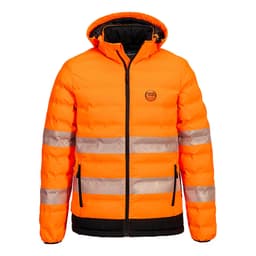 A bright orange heated tunnel jacket with reflective strips and a hood, featuring a logo on the chest.