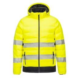 A bright yellow heated tunnel jacket with reflective stripes, featuring a hood and zip front. It has a logo on the chest.