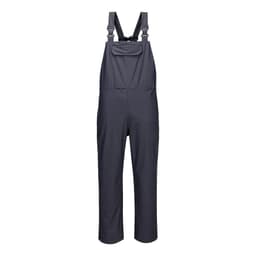 A navy blue pair of waterproof bib and brace overalls with adjustable straps and a chest pocket.