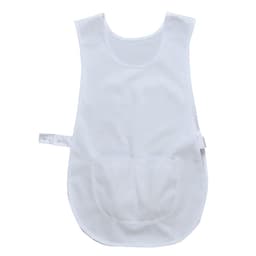 A white tabard with a front pocket and adjustable strap, designed for salon and spa uniforms.