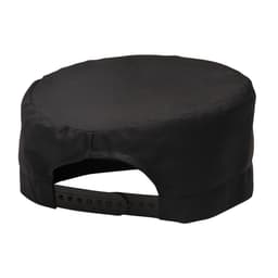 A black chef's skull cap with a flat top and adjustable strap at the back, featuring a logo.