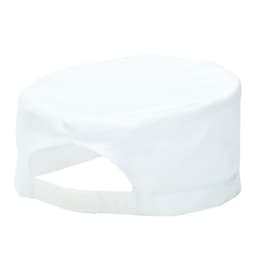 A white chef skull cap with a flat top and adjustable back, featuring a branding logo.