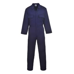 A navy blue Euro Work Boilersuit featuring long sleeves, a front zipper, and two chest pockets. It has a logo on it.