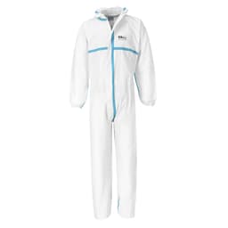 A white coverall with blue accents, featuring a hood and elastic cuffs, part of a pack of 50. It has a logo.