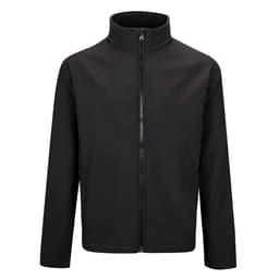 A black softshell jacket with a high collar and full front zip, featuring a logo on the chest.