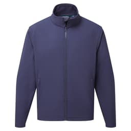 A navy blue softshell jacket with a full zip, high collar, and side pockets. Features a logo on the chest.