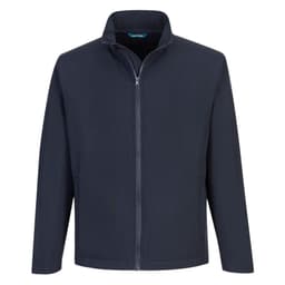 A navy softshell jacket with a zip front and a collar. It features a logo on the chest.