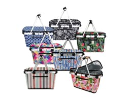 A variety of insulated carry baskets with lids in different patterns and colours, featuring handles and a mix of floral and geometric designs.