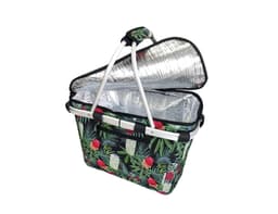 A black insulated carry basket with a tropical floral design, featuring a silver interior and a removable lid.