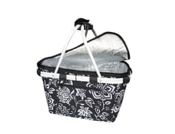 A black and white floral insulated carry basket with a lid and silver lining. It features sturdy handles.