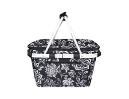 A black and white floral insulated carry basket with a lid and sturdy handles. It features a white metal frame.