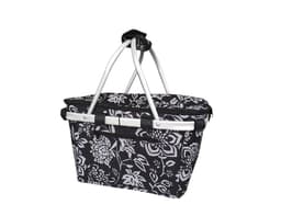 A black and white floral insulated carry basket with a lid and silver handles. It has a branded logo.