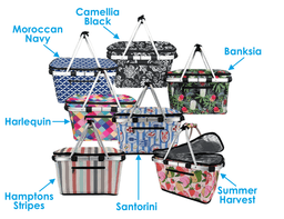 A collection of Sachi insulated carry baskets in various designs and colours, including floral, striped, and geometric patterns.